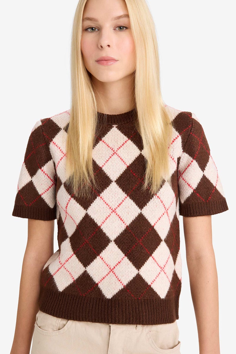 DeFacto Brown Woman Slim Fit Crew Neck Argyle Patterned Knit Pullover Casual - Image 4